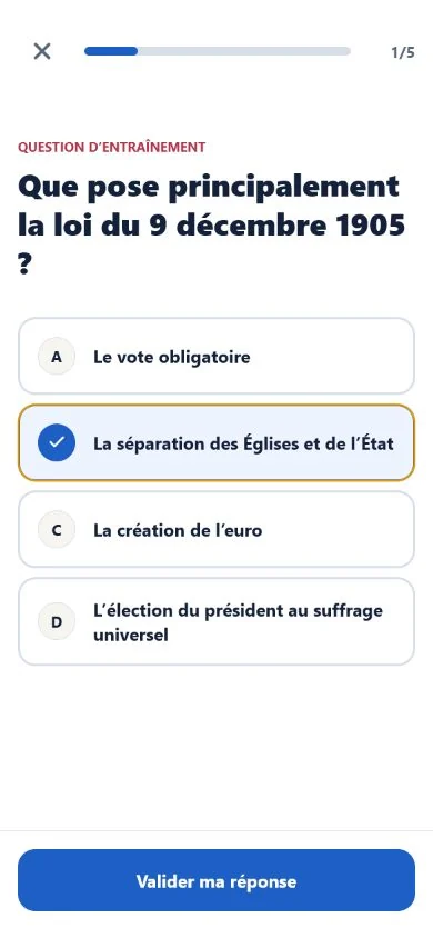Civique product prototype showing a French civic-practice question